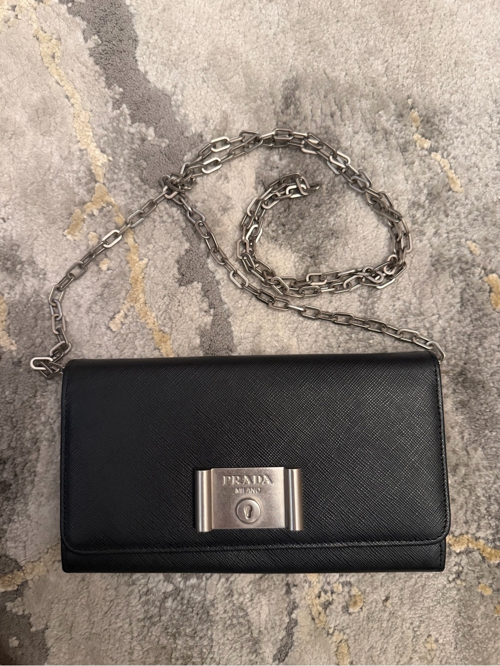 Prada Black Saffiano Lock Leather wallet on Chain